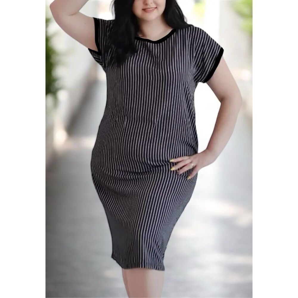 Acemi Womens Medium Short Sleeve Black And White Stripe Long Tee‎ Shirt Dress